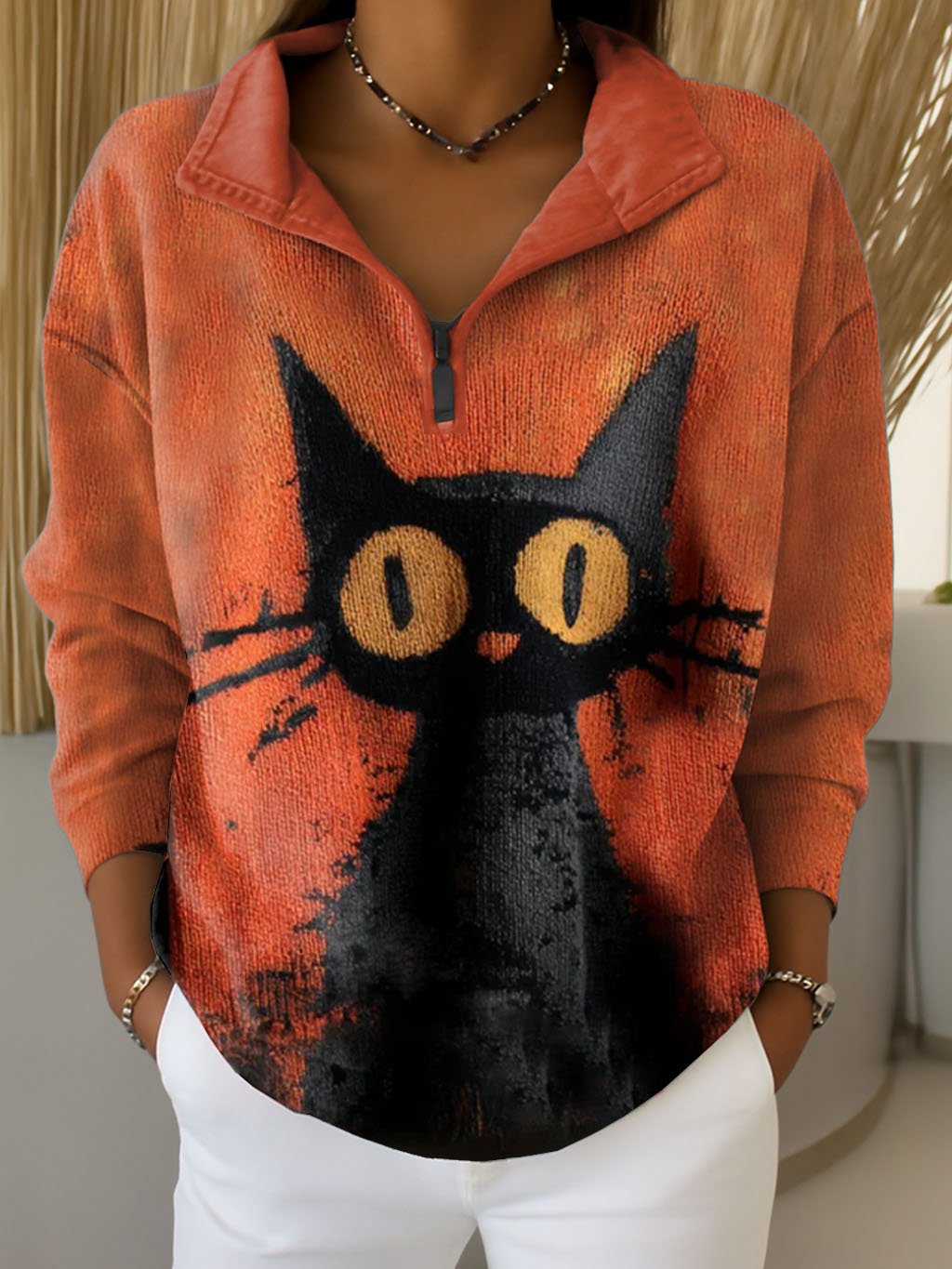 Women's Retro Animal Cat Print Zipper Sweatshirt