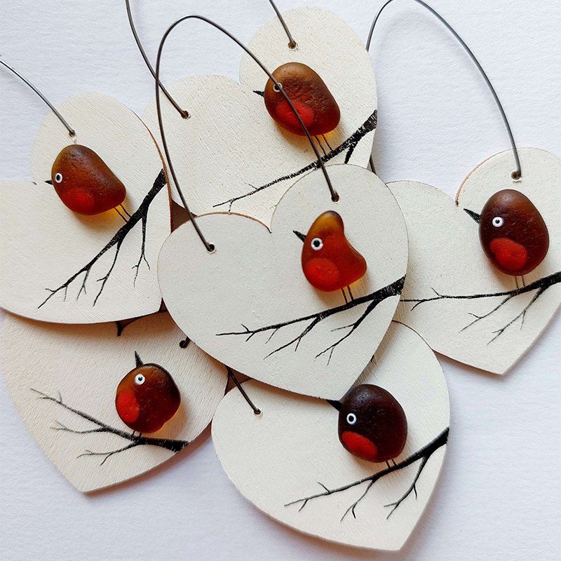 Sea Glass Robin Heart Decoration