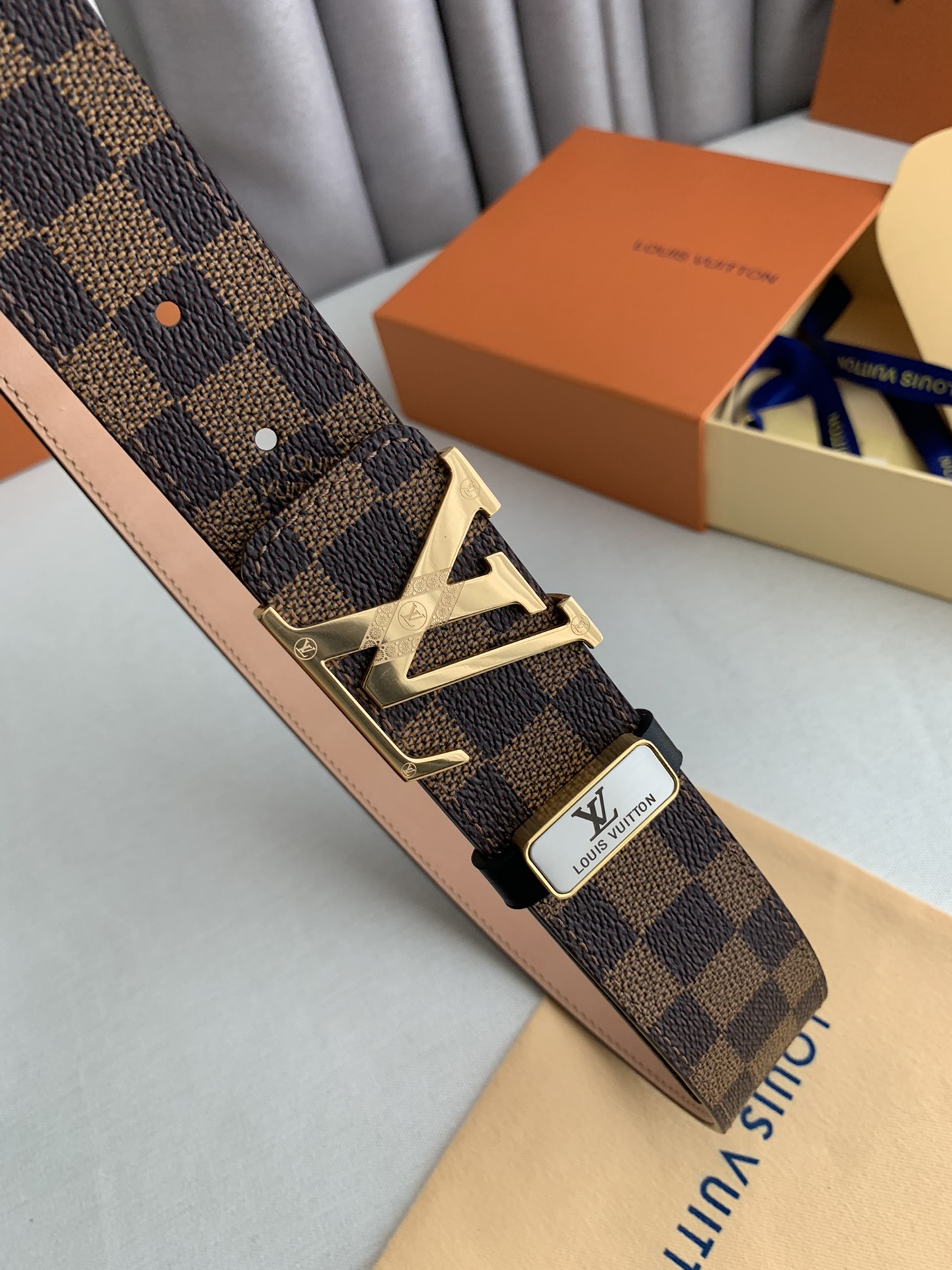 Louis Vuitton Plaid Oldskin Calfskin Men's Belt 3.8CM Width