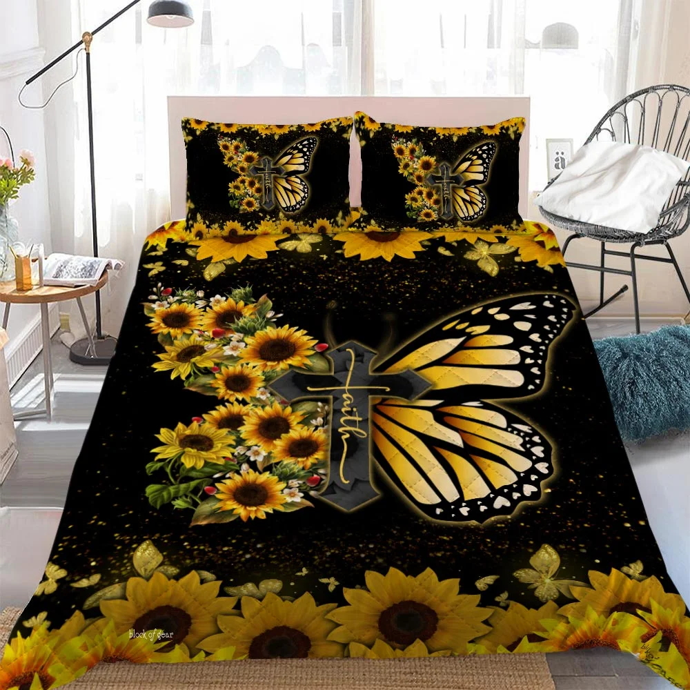 Faith Jesus Christ Butterfly Sunflower Quilt Bed Set