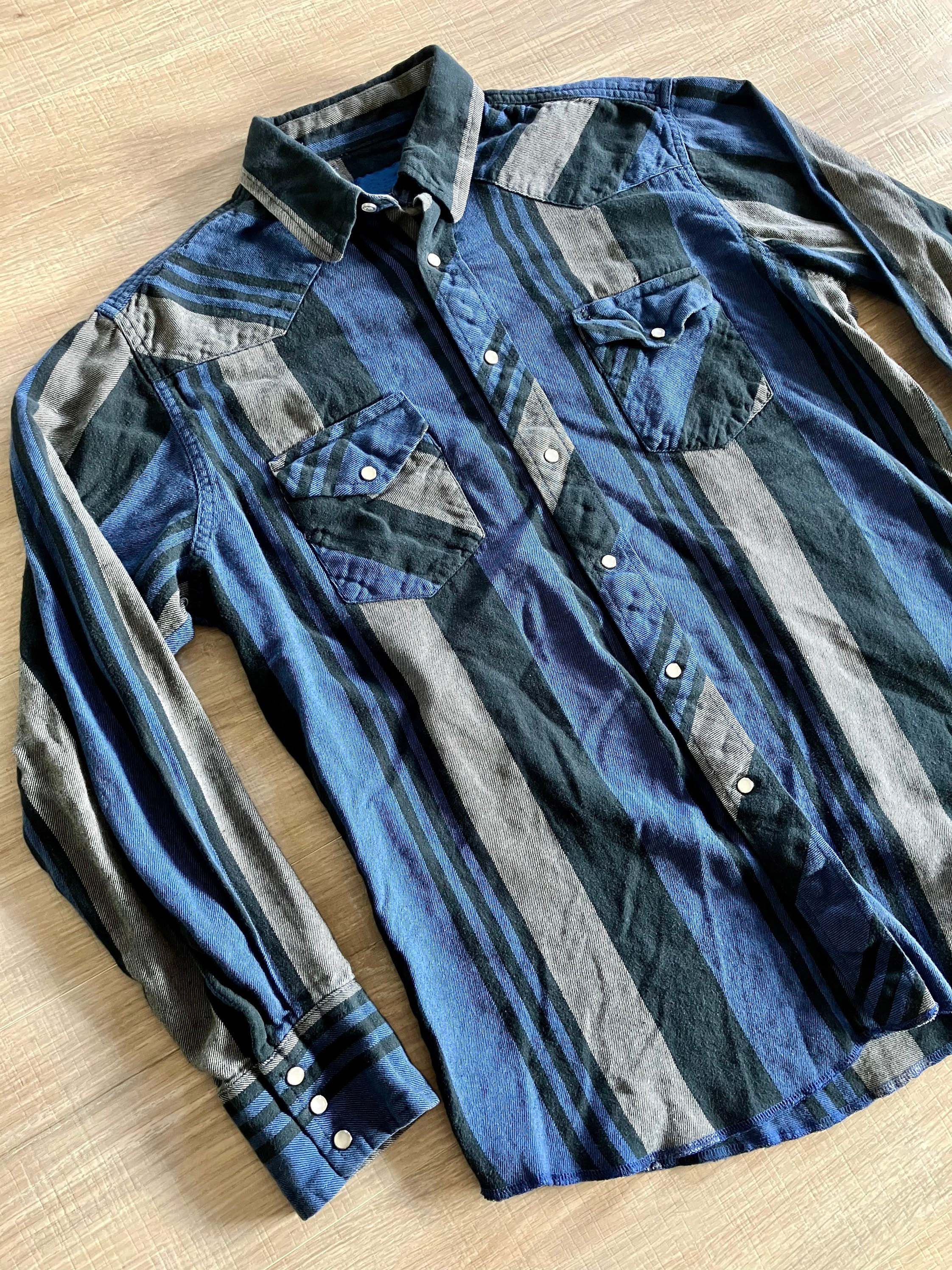 Men's Fashion Western Blue Green Striped Long Sleeve Shirt