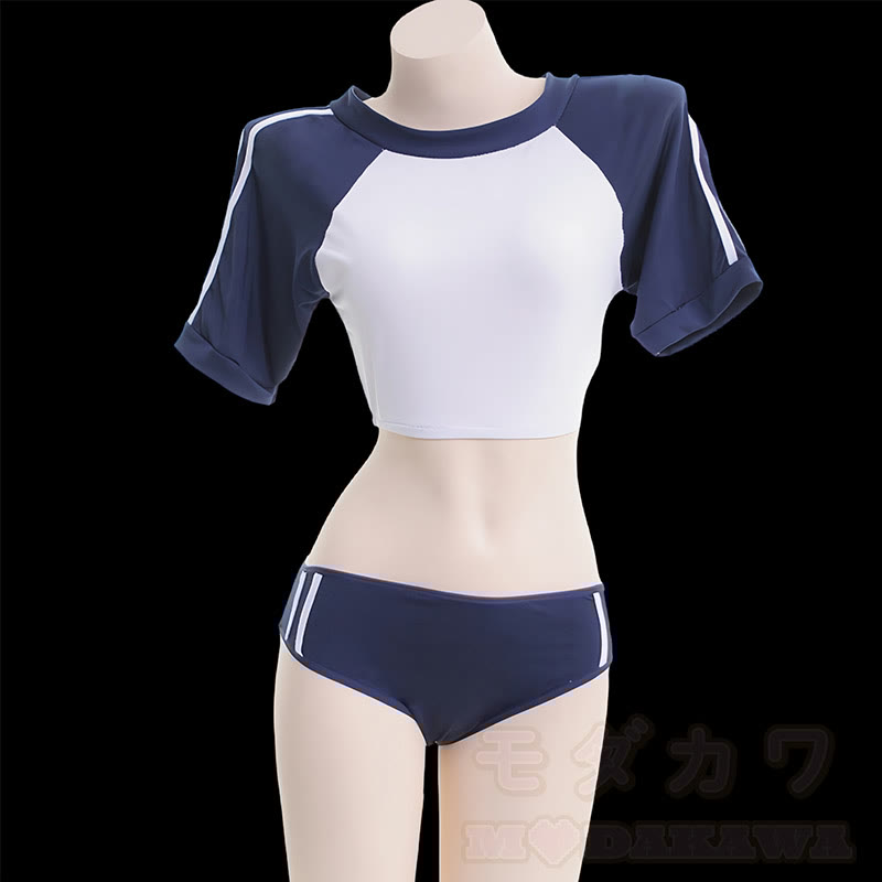 School Style Colorbock Crop Top Panty Lingerie Set