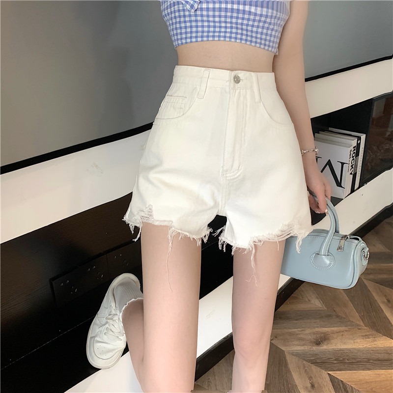 White Ripped high-waisted skinny hot pants spicy broad leg jeans