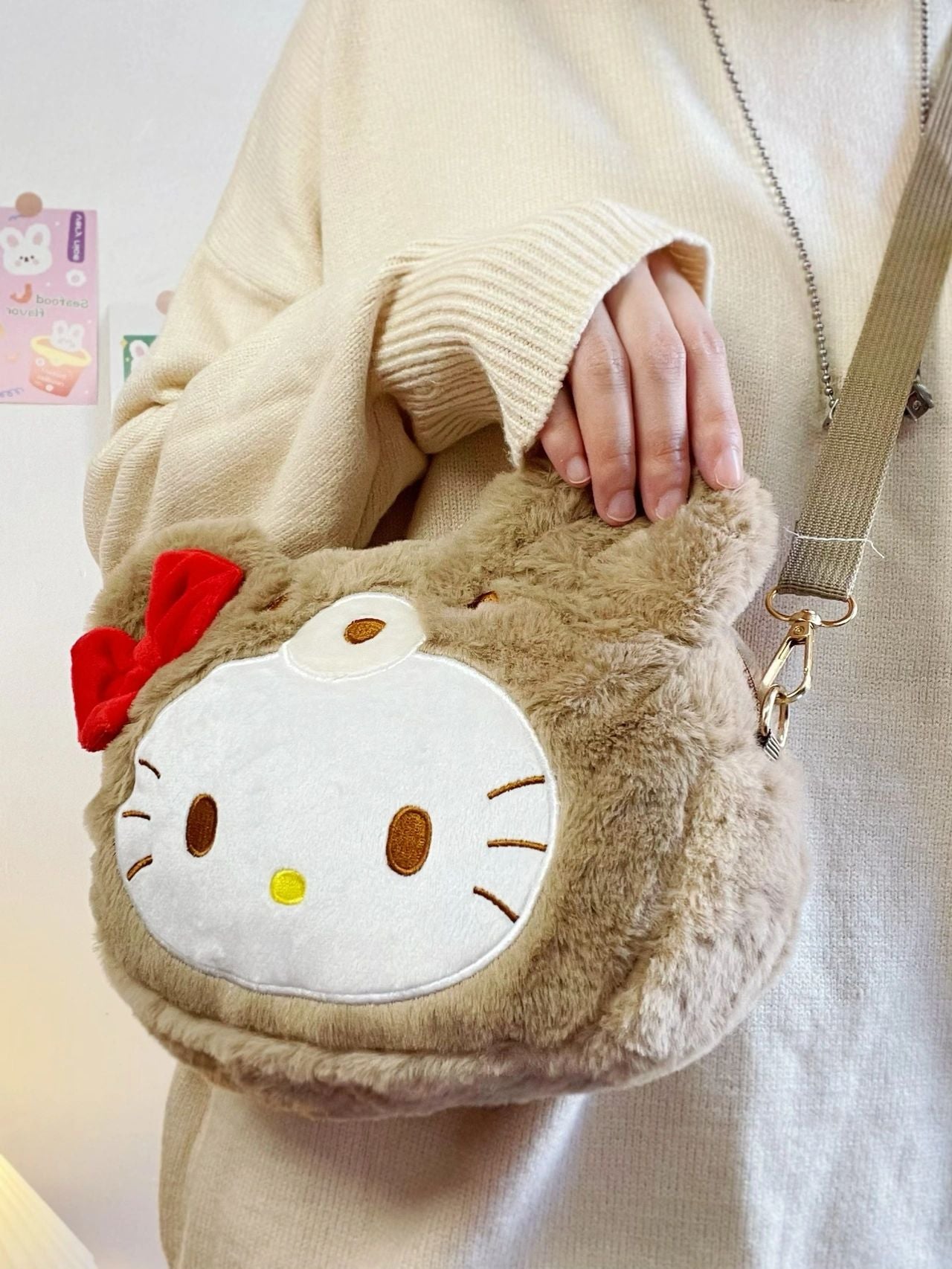 Hellokitty Teddy Bear Cute Plush Crossbody Purse for Girls, Kawaii Bowknot Shoulder Bag
