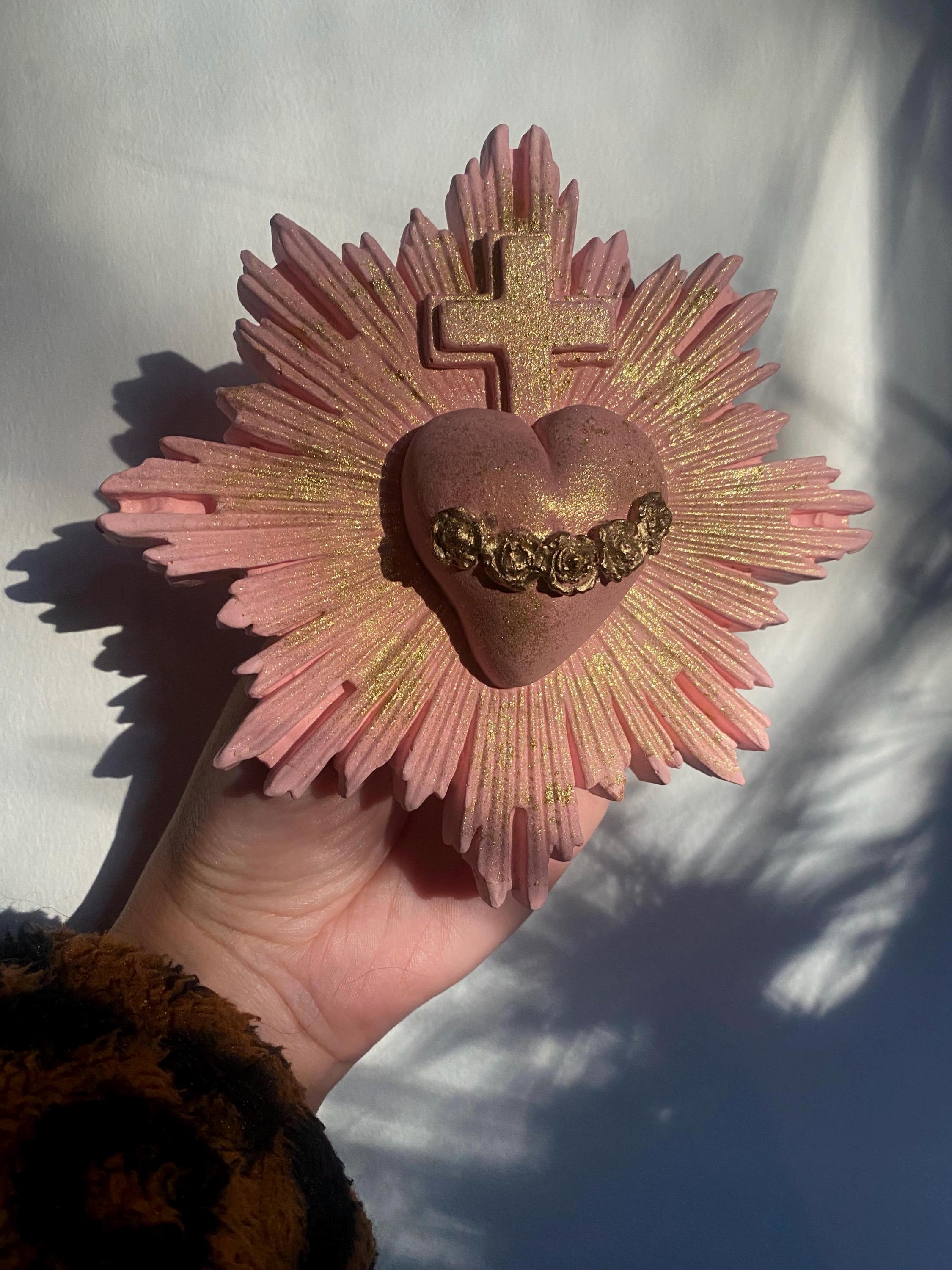 Sacred Heart Wall Decor, Milagro Heart, Flaming Heart & Cross, Handmade.
