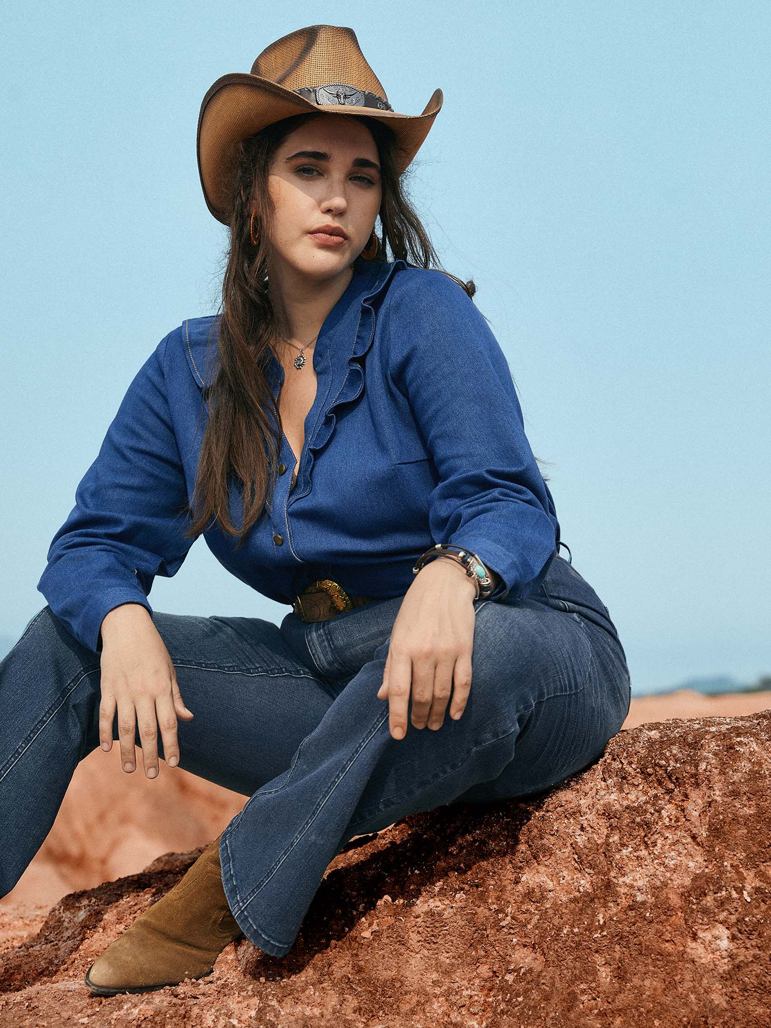 Stretch Denim Lotus Leaf Neckline Shirt