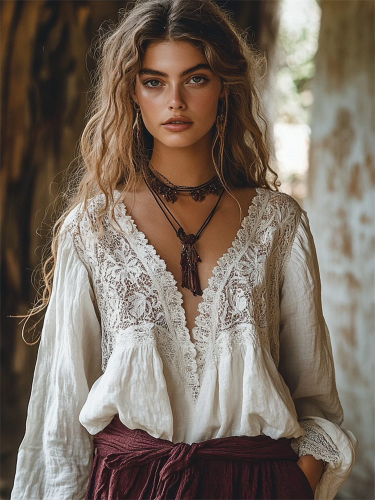 Vintage Boho Hollow Floral Lace Patchwork Flowy Linen Tunic