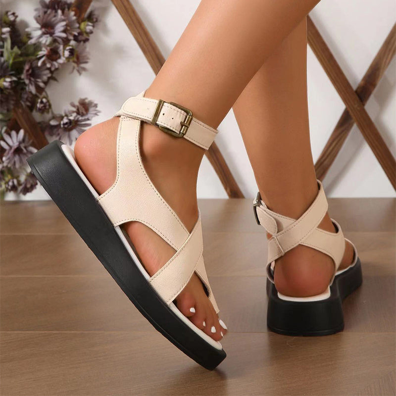 Women's Casual Thick-Soled Clip Toe Sandals Beach Shoes with Round Toe and Back Buckle Strap