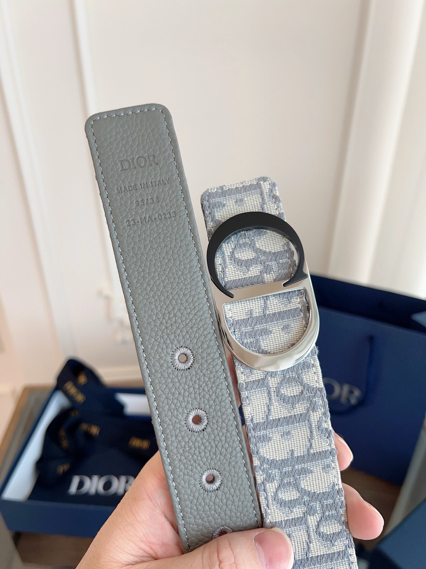 Dior Oblique Grey Cloth Grey Cowhide Leather Strap 3.5cm Wide