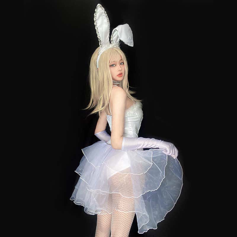 Cosplay Bunny Ears Lace Jumpsuit Lingerie Fishnet Stockings Set