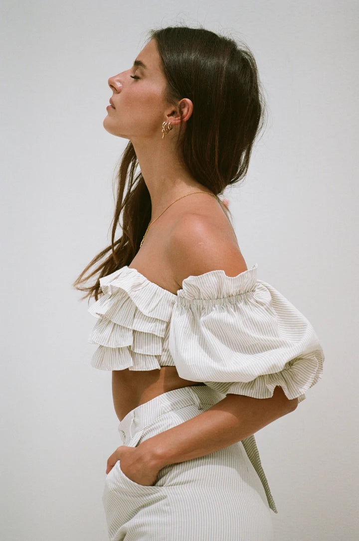 Beige Striped Ruffle Crop Top