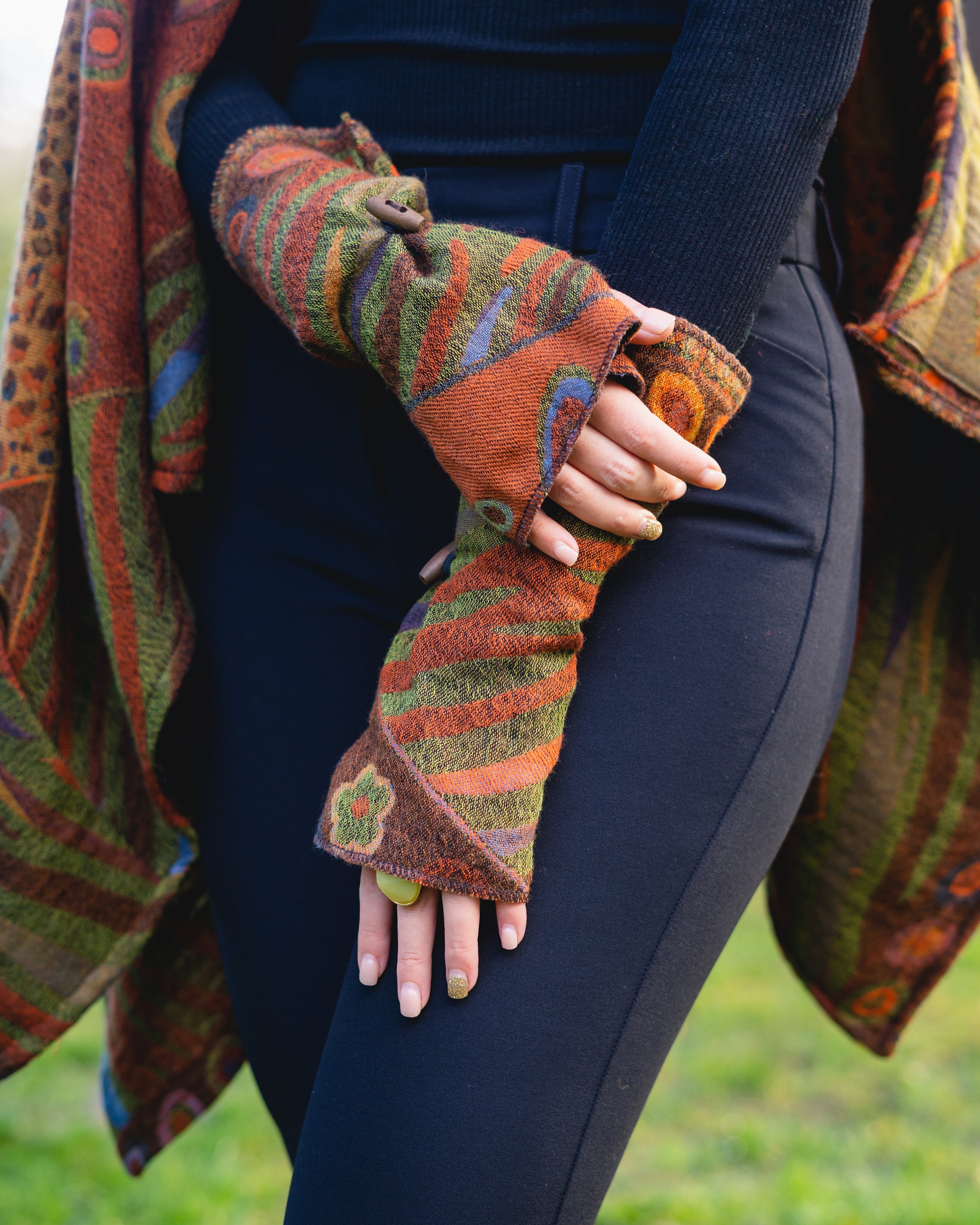 🎄Christmas Hot Sale🎄HANDMADE Boiled Merino Wool Fingerless Gloves with Toggle and side slit