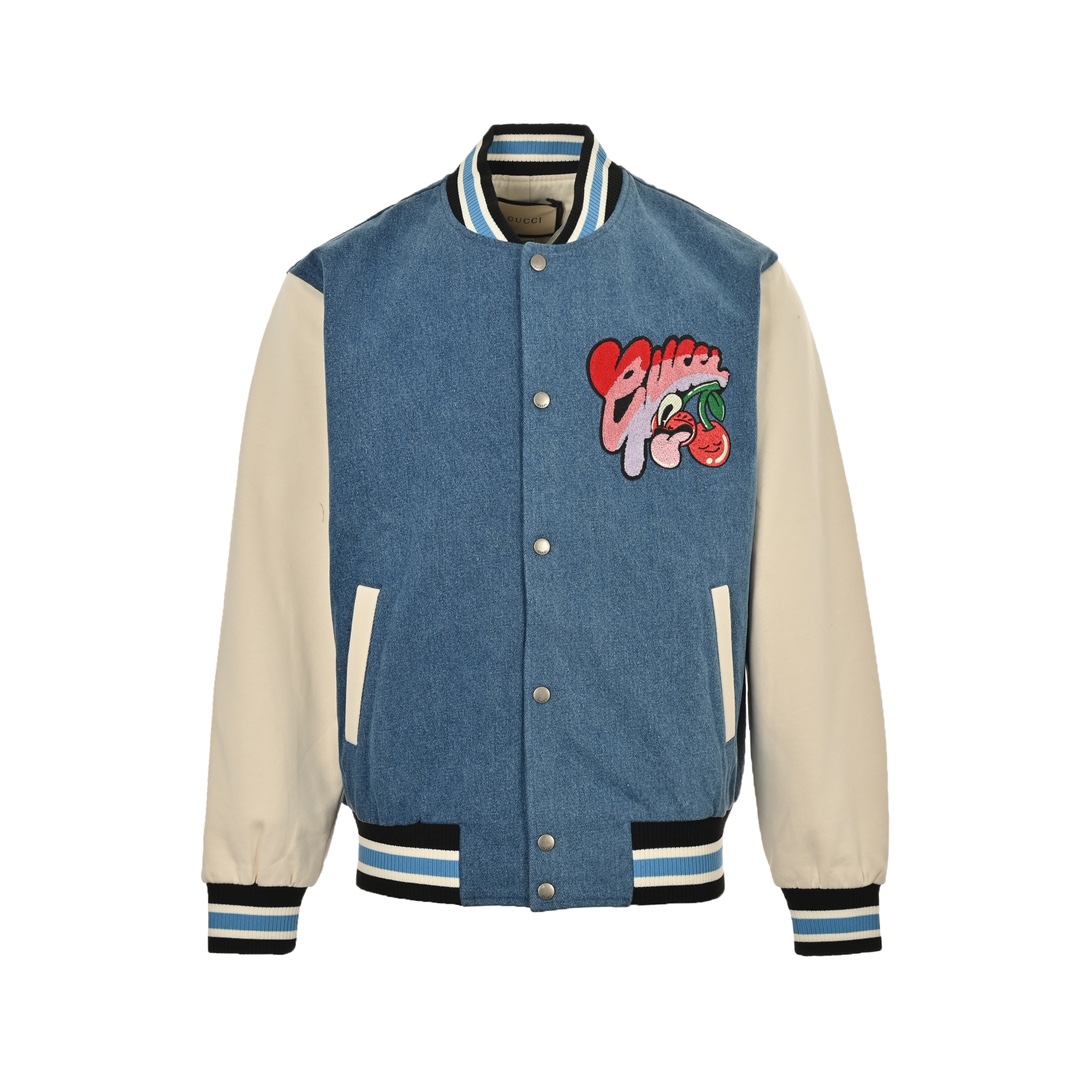 Gucci 24Fw cherry embroidered denim patchwork jacket