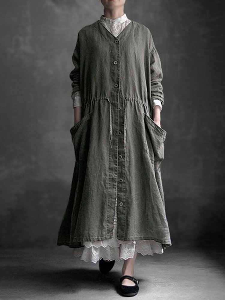 Retro Comfy Button Down Pocket Maxi Dress