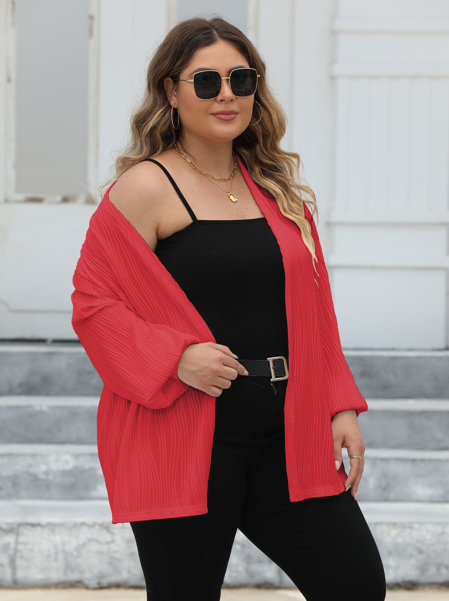 Plus Size Women Cardigan Women Wave Striped Casual Loose Jacket Comfortable Top Lantern Sleeve Air Conditioning Shirt