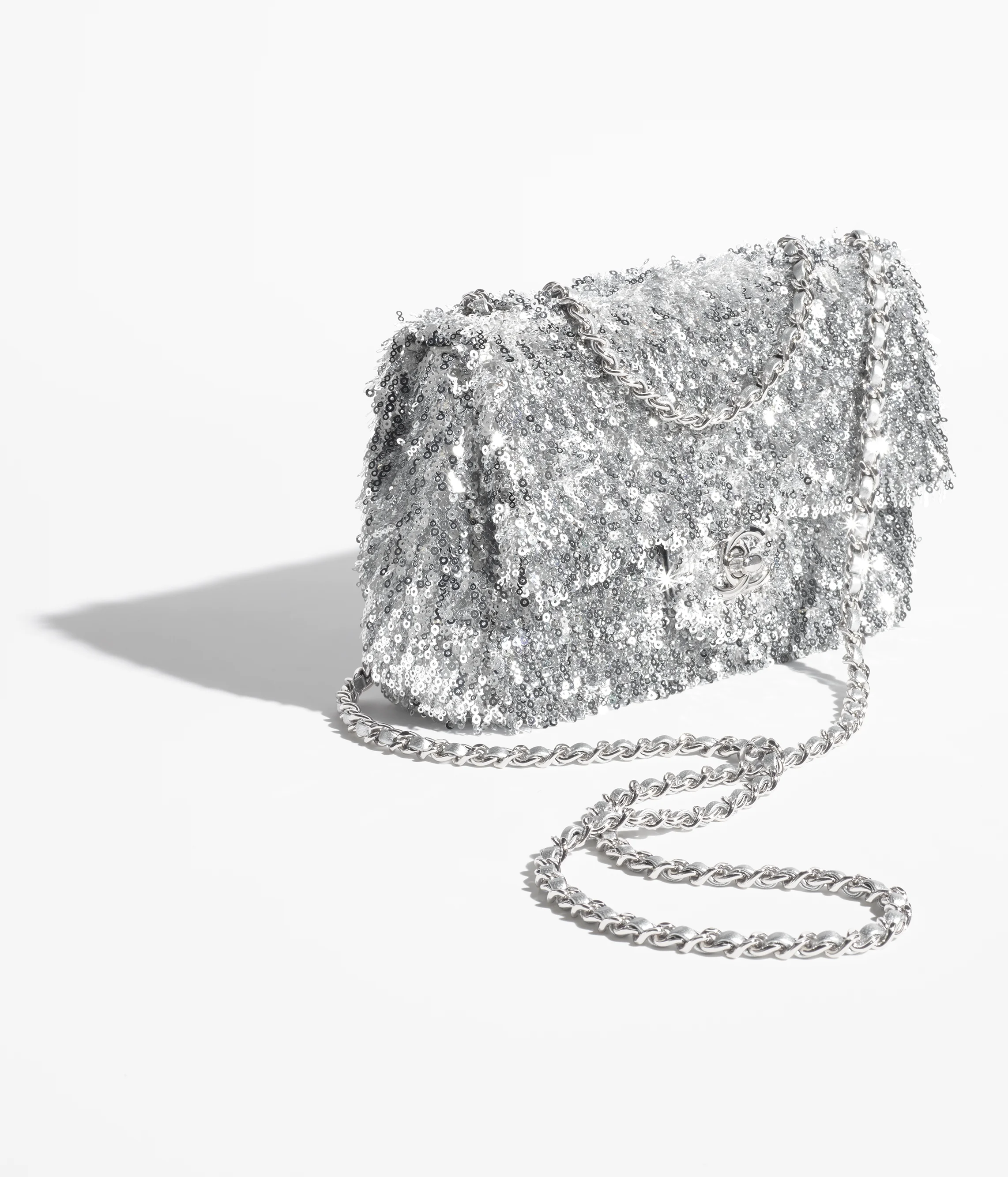 Chanel Flap Bag Fringed Sequins & Silver-Tone Metal Silvery AS4561-B20410-U0888