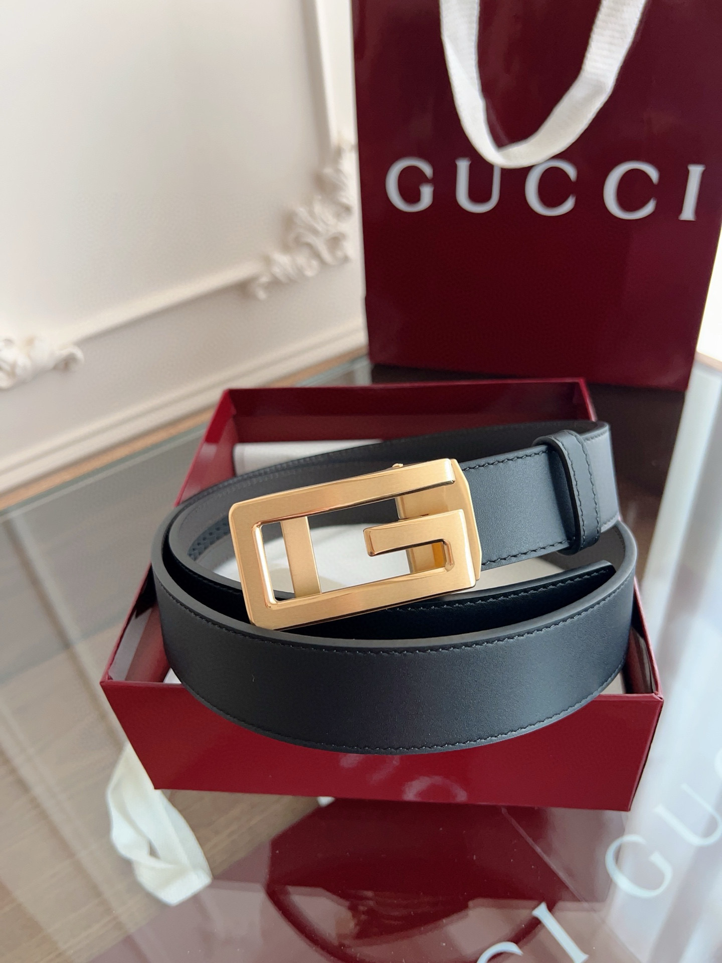 Gucci automatic smooth buckle double-sided cowhide belt width 3.5cm