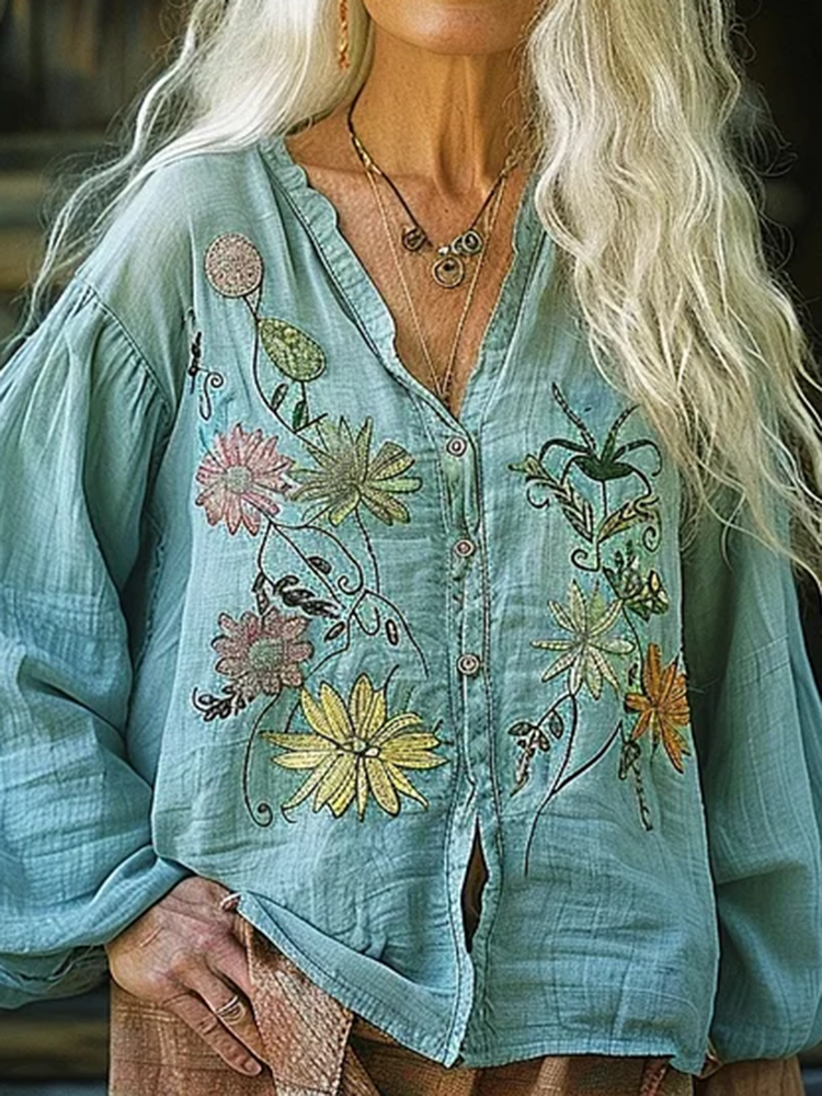 Vintage Bohemian Style Linen Floral Art Print Long Sleeve Loose  Shirt