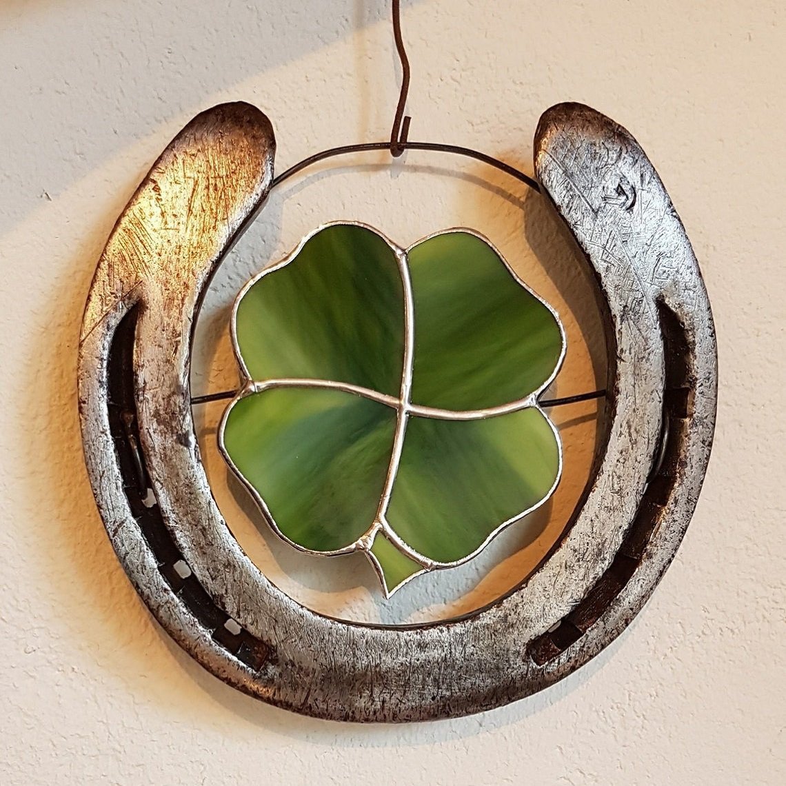 🍀🐴 Four Leaf Clover Lucky Horseshoe - Metal  & Glass Art ✨ Buy 3 Get 10% OFF & Free Shipping