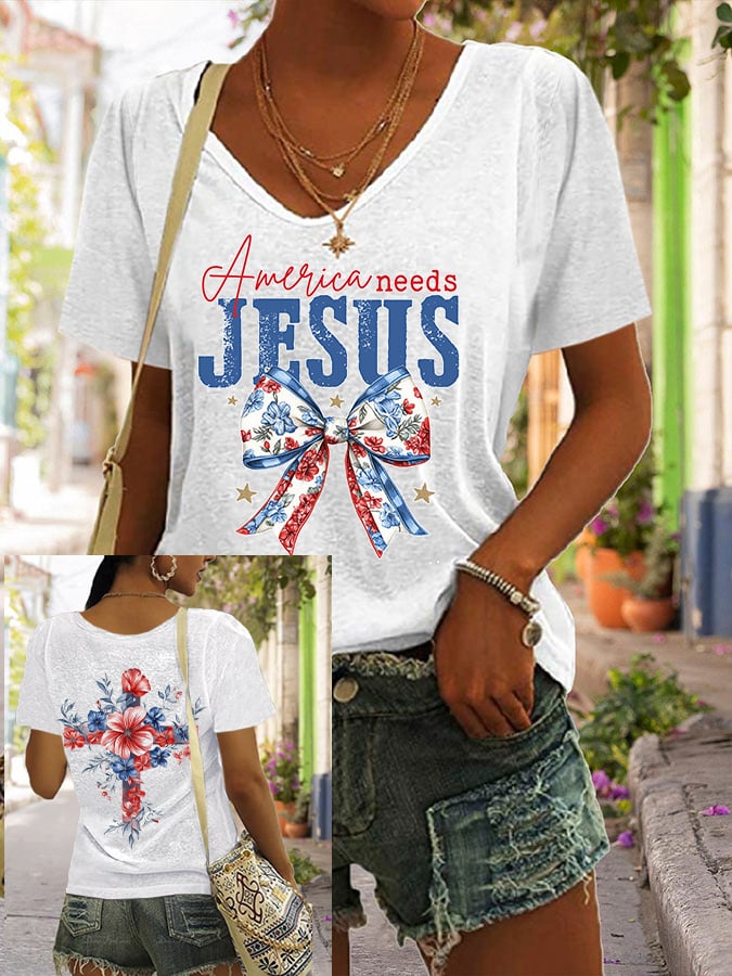 Women's America Needs Jesus Print V Neck Casual T-Shirt