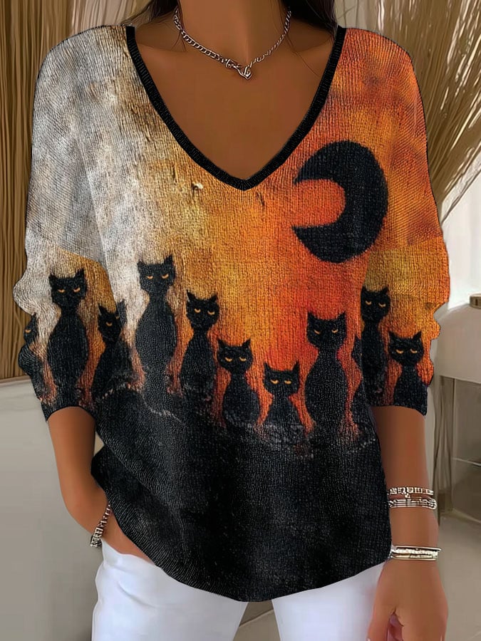 Women's Retro Animal Cat Print Knitted Top