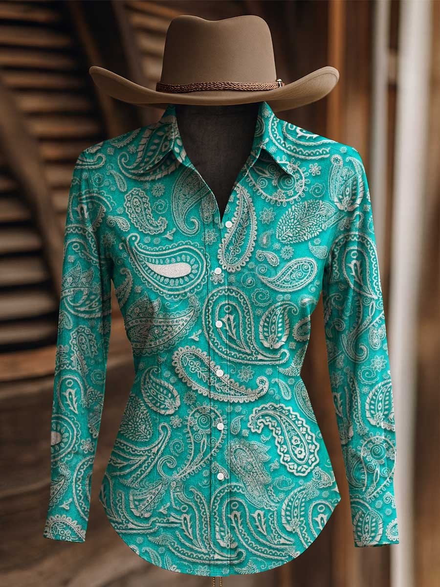 Women's Vintage Paisley Print Western Long Sleeve Shirt