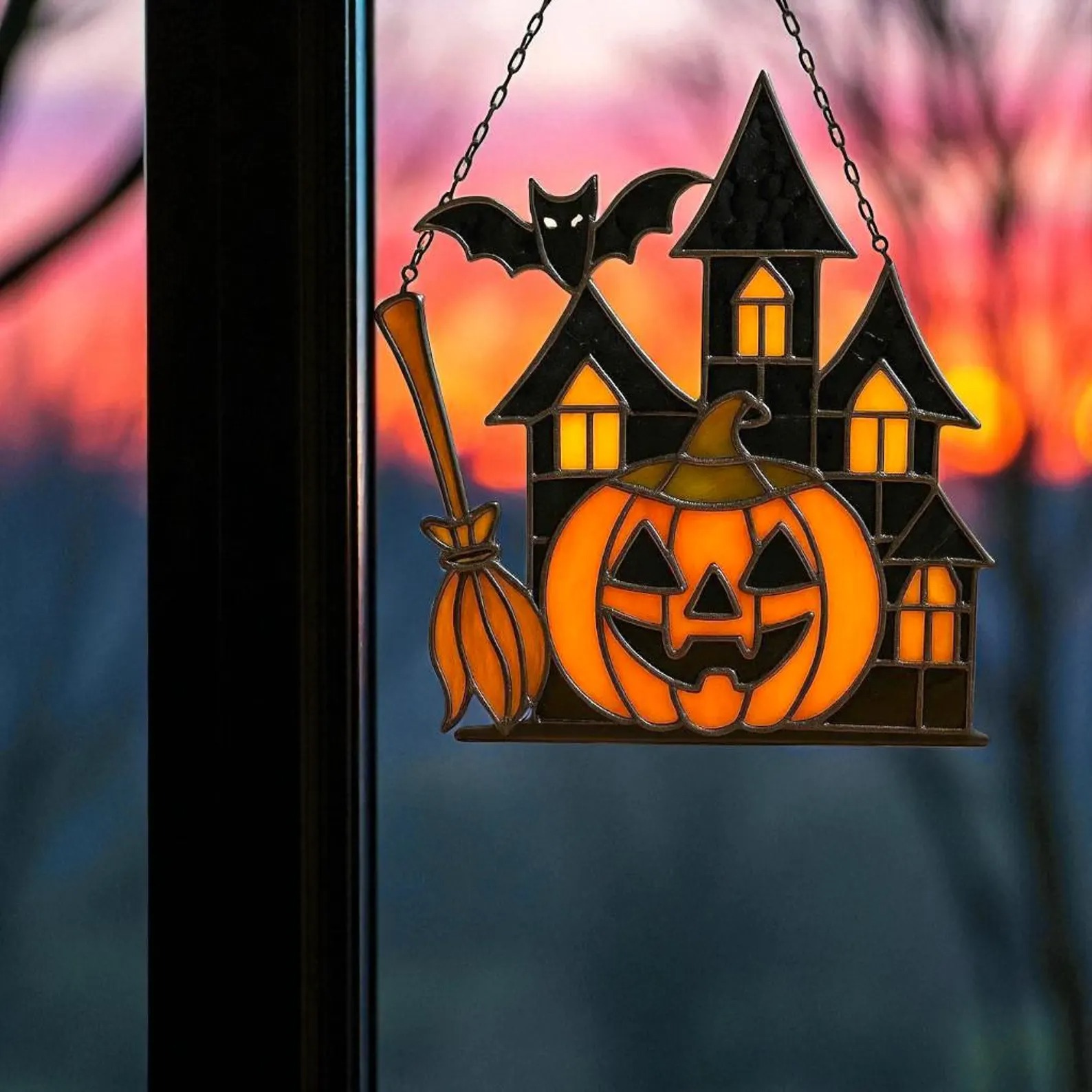 💥ON SALE💥Stained Glass Halloween Pumpkin Haunted House Suncatcher