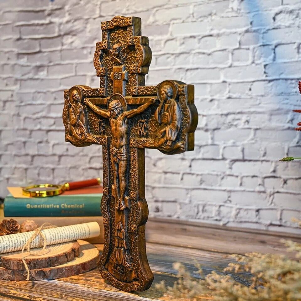Wooden Orthodox religious Carved Crucifix - Carved from natural wood