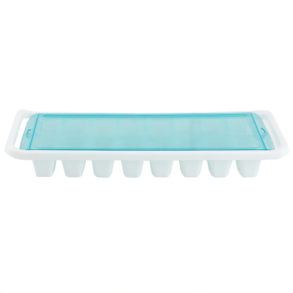 Home Basics 16 Compartment Square Plastic Stackable Ice Cube Tray with Snap-on Cover, Blue