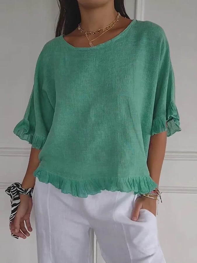 Women's Solid Color Round Neck Loose Casual Shirt