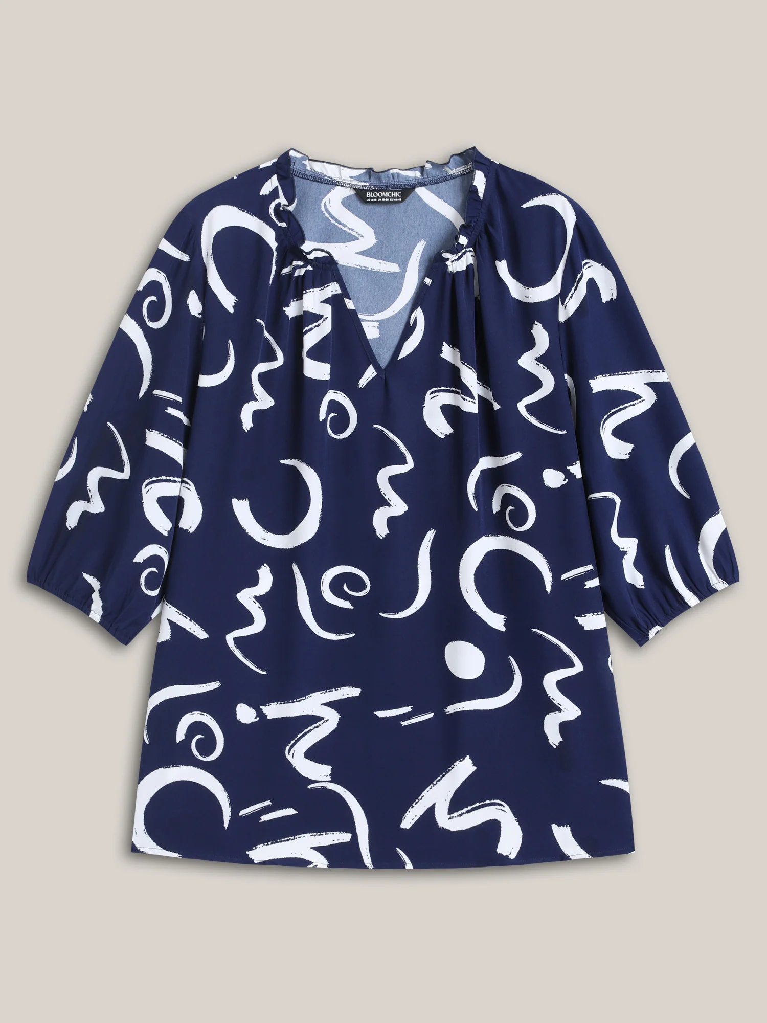 Scribble Print Ruffled Split Neck Blouse