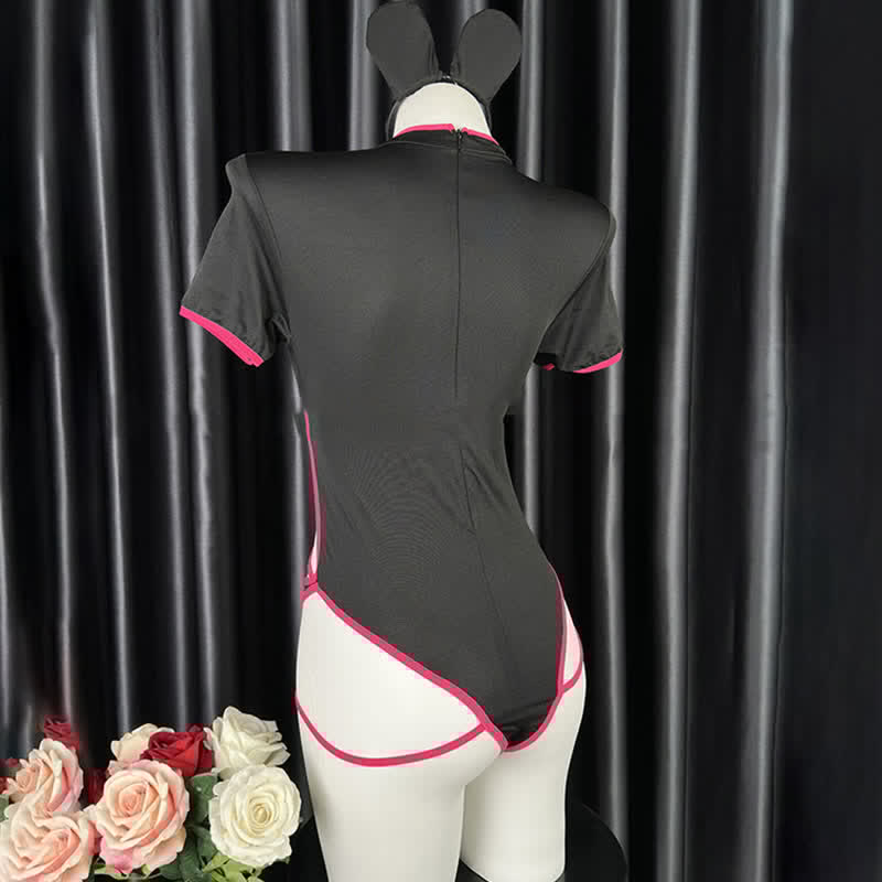 Cosplay Kitty Hollow Out Jumpsuit Lingerie Stockings Set