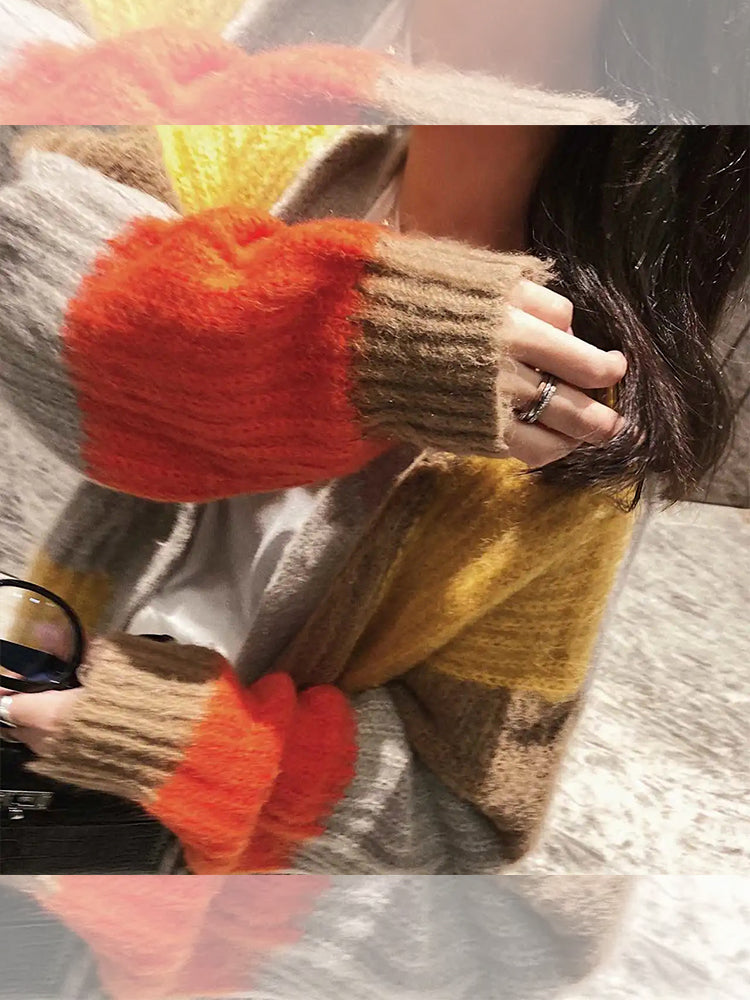 Lazy Wind Match Color Knitted Coat: Loose V-neck Fashion Mid-length Sweater Cardigan for Women