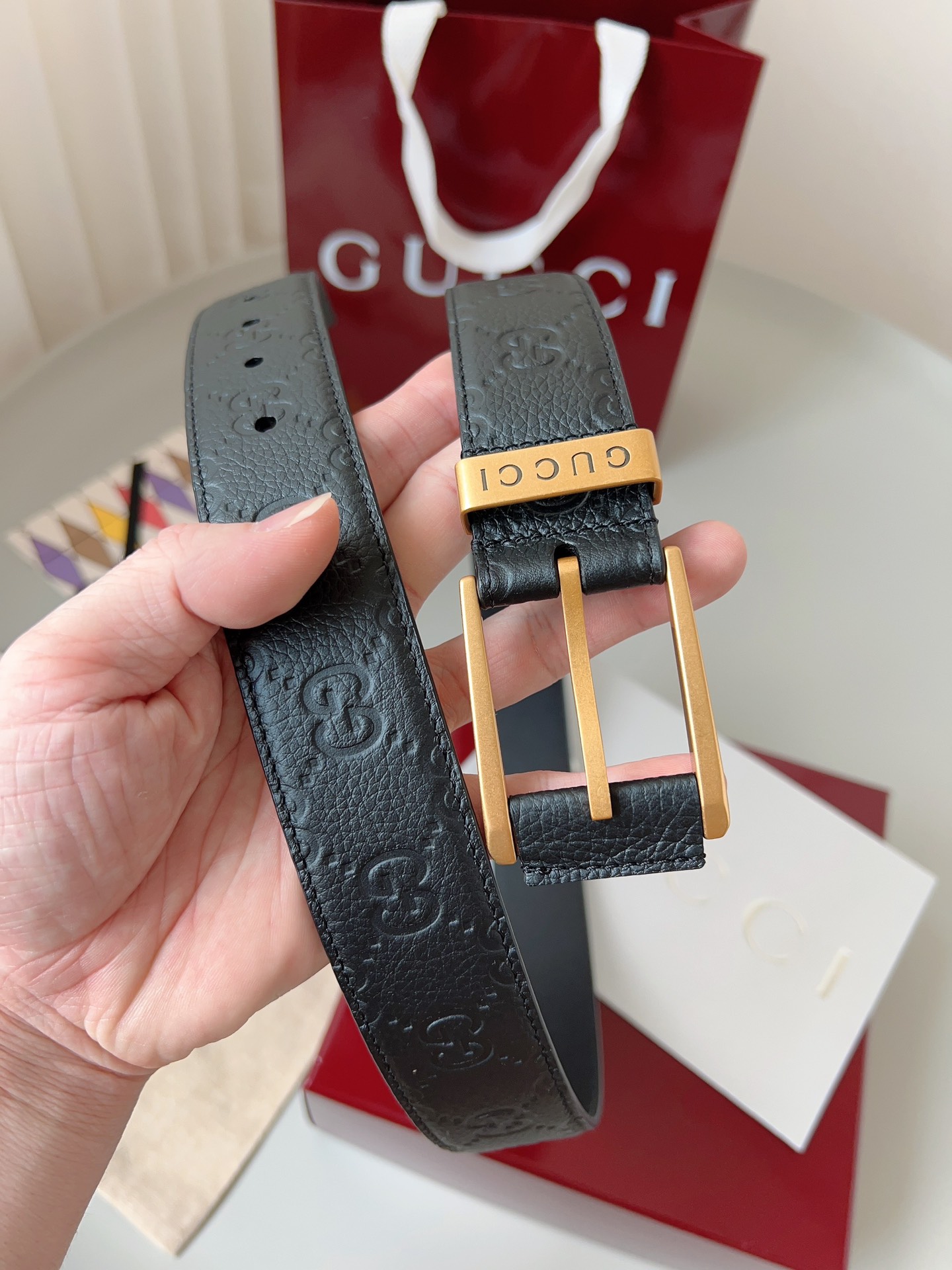 Gucci pin buckle printed leather belt 3.5cm wide