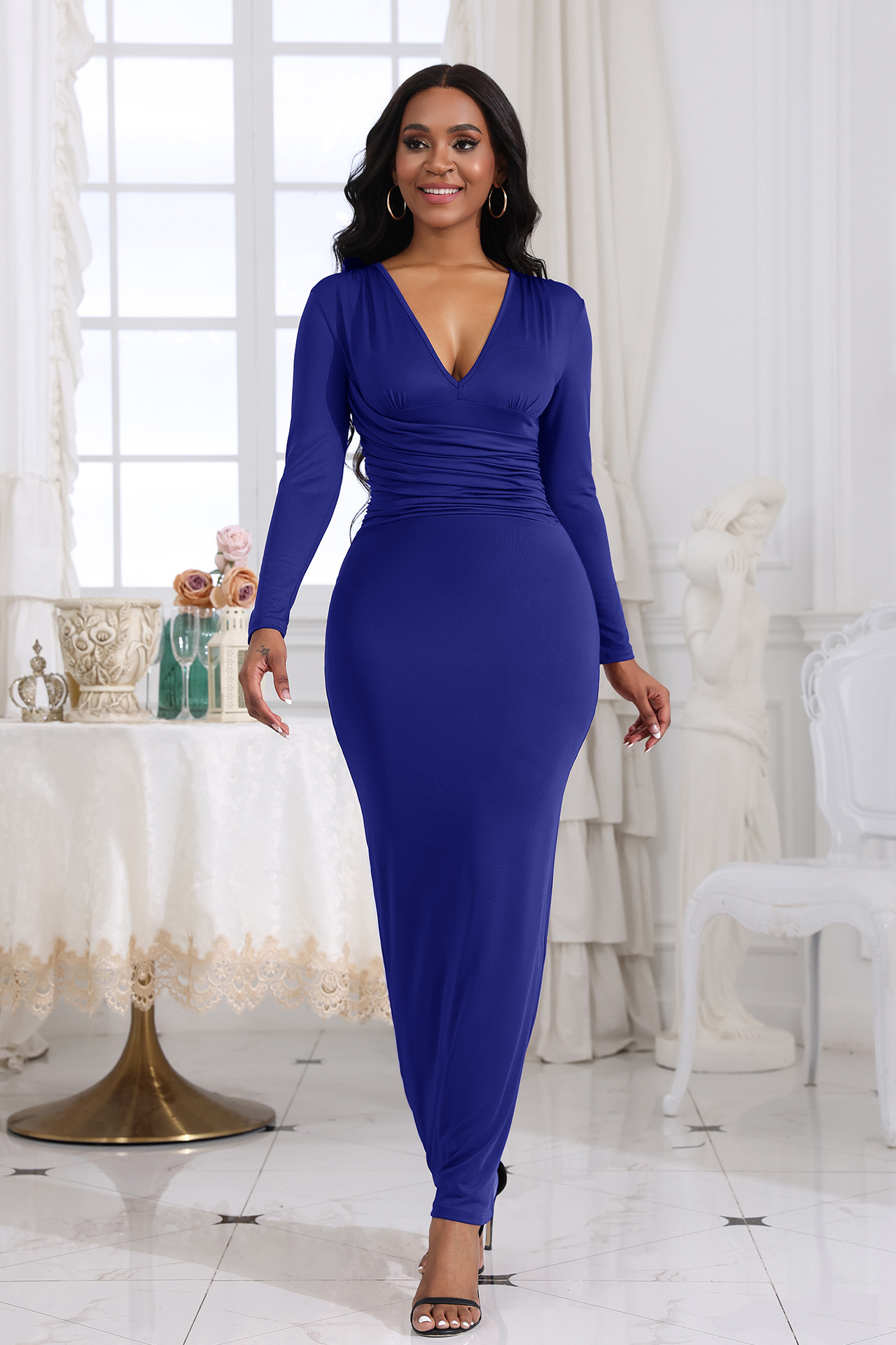 Blue Fashionable sexy v-neck slim pleats solid color long sleeves dress