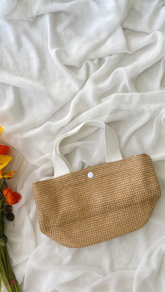 Contrast White Handles Woven Bag