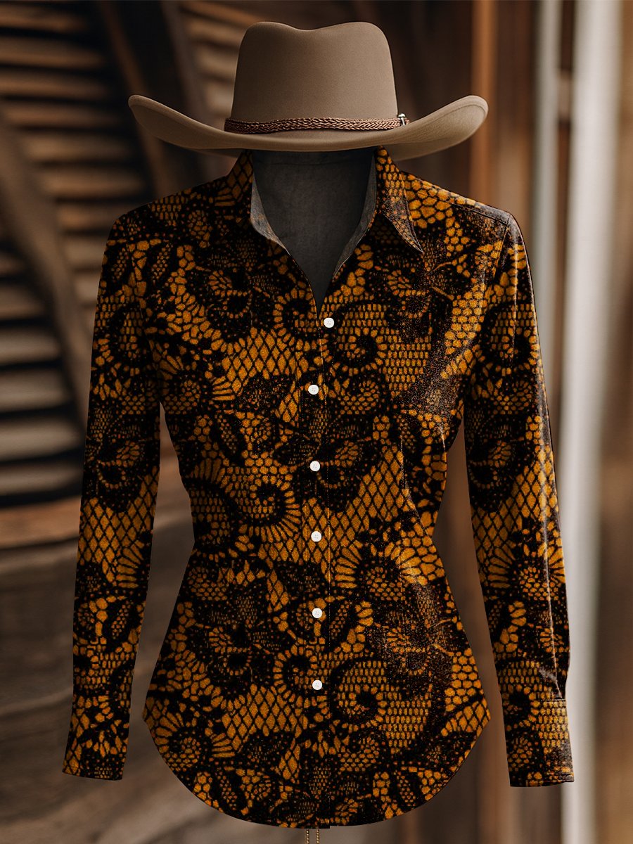 Women's Vintage Black and Pink Floral Print Western Long Sleeve Shirt