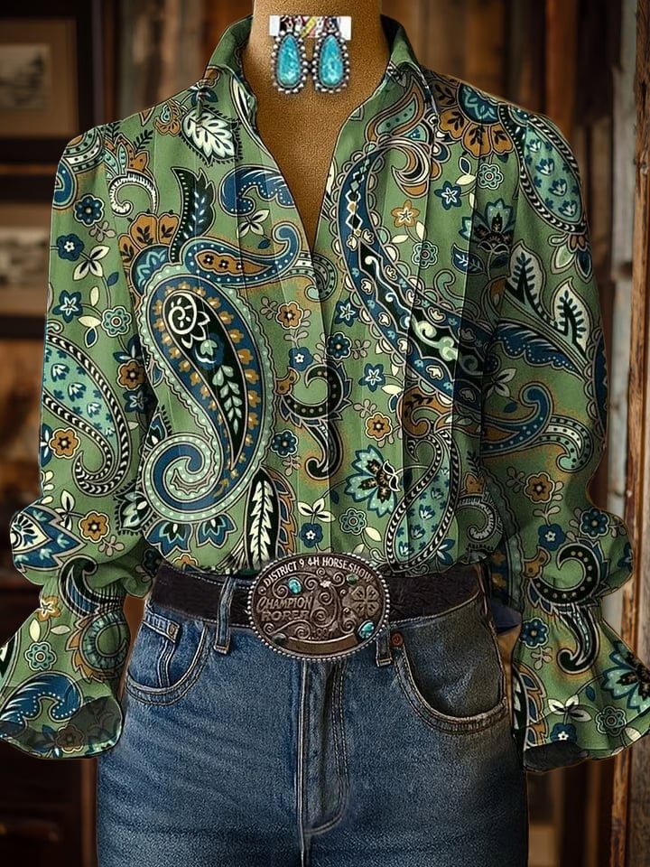Women's Casual Western Puff Sleeve Patterned Shirt