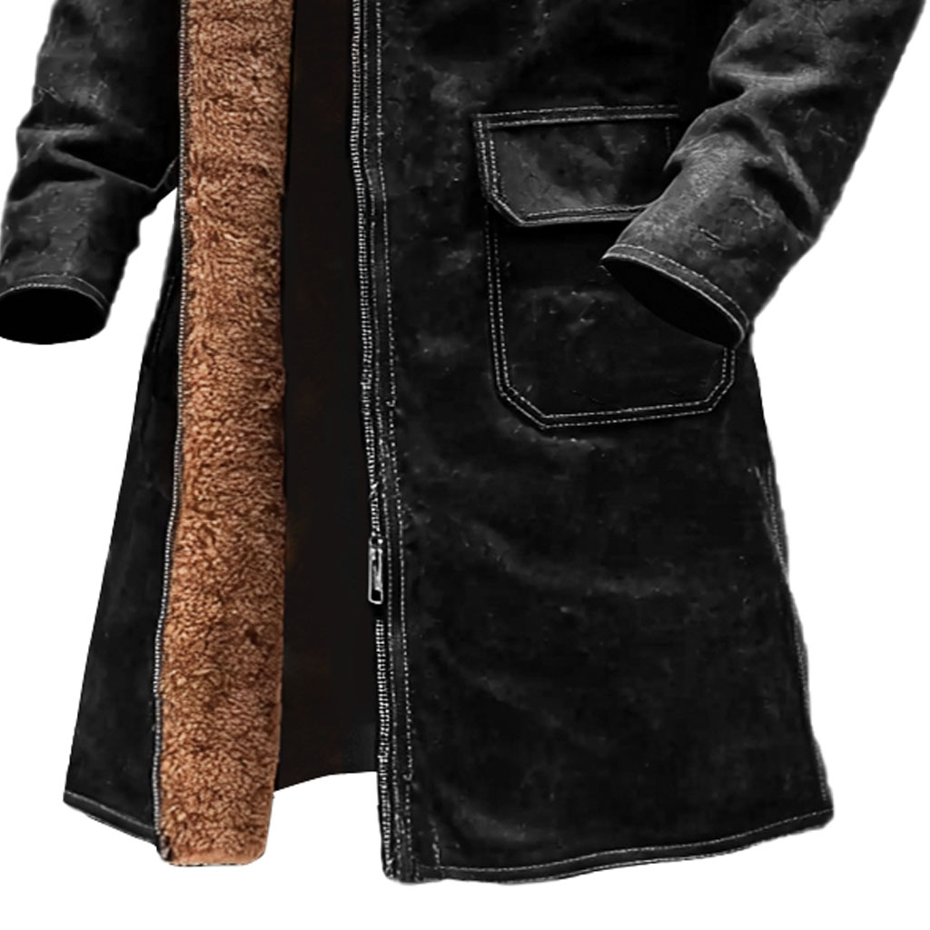 Men's Vintage Black Suede Multi-Pocket Mid-Length Lapel Jacket Shearling Coat