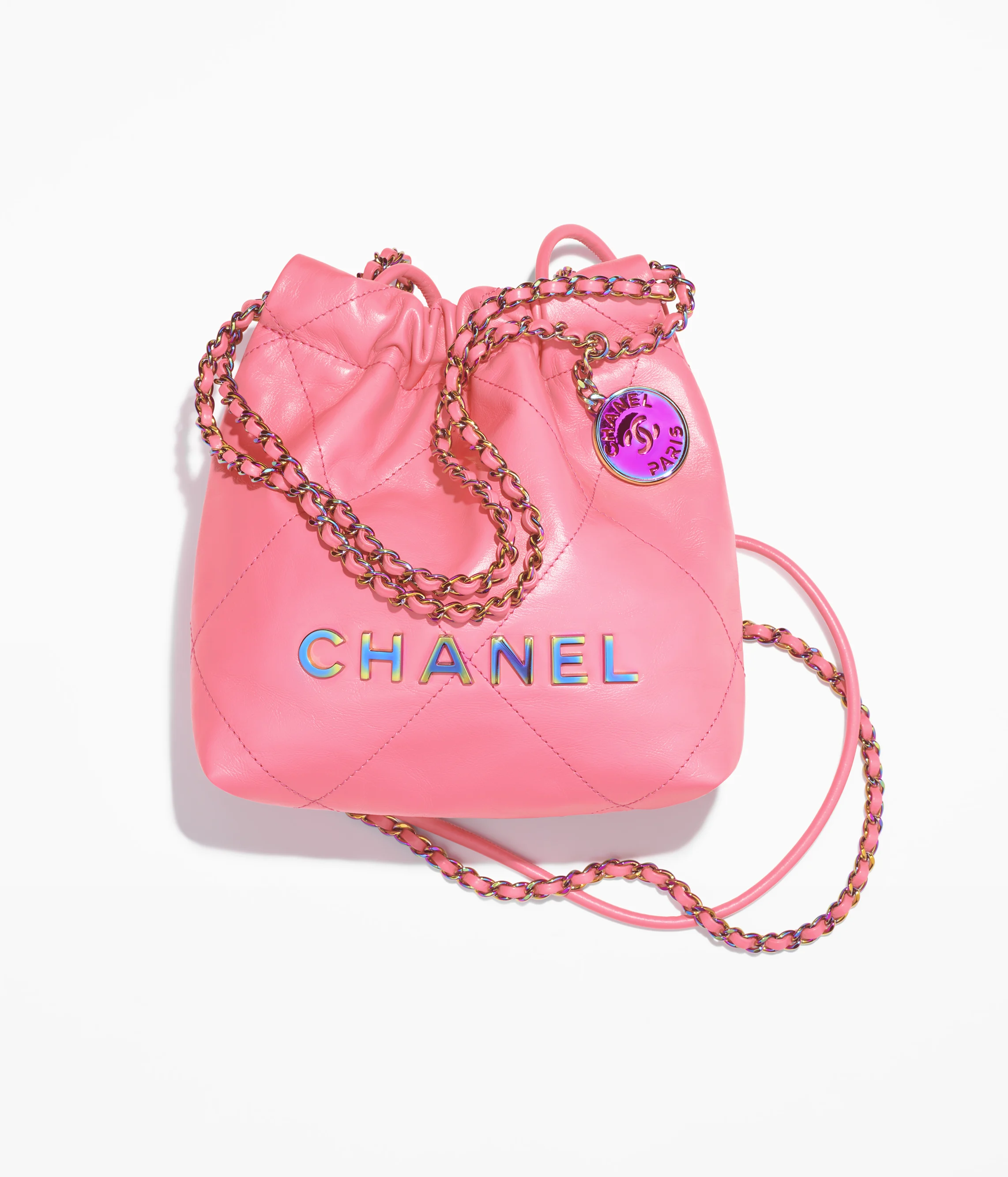 CHANEL 22 Mini Handbag Shiny Calfskin & Rainbow Metal Coral Pink AS3980-B15000-NS836