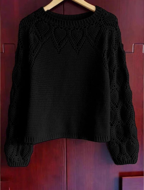 Women'S Solid Color Round Neck Hollow Long Sleeve Pullover Knitted Sweater