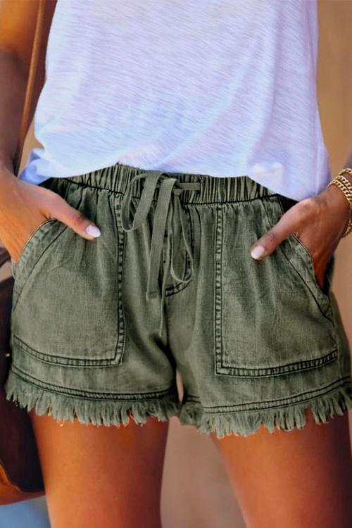 Heididress Drawstring Waist Pockets Raw Hem Shorts