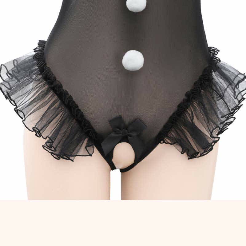 Lovely Kitty See Through Ruffled Jumpsuit Lingerie Stockings Set