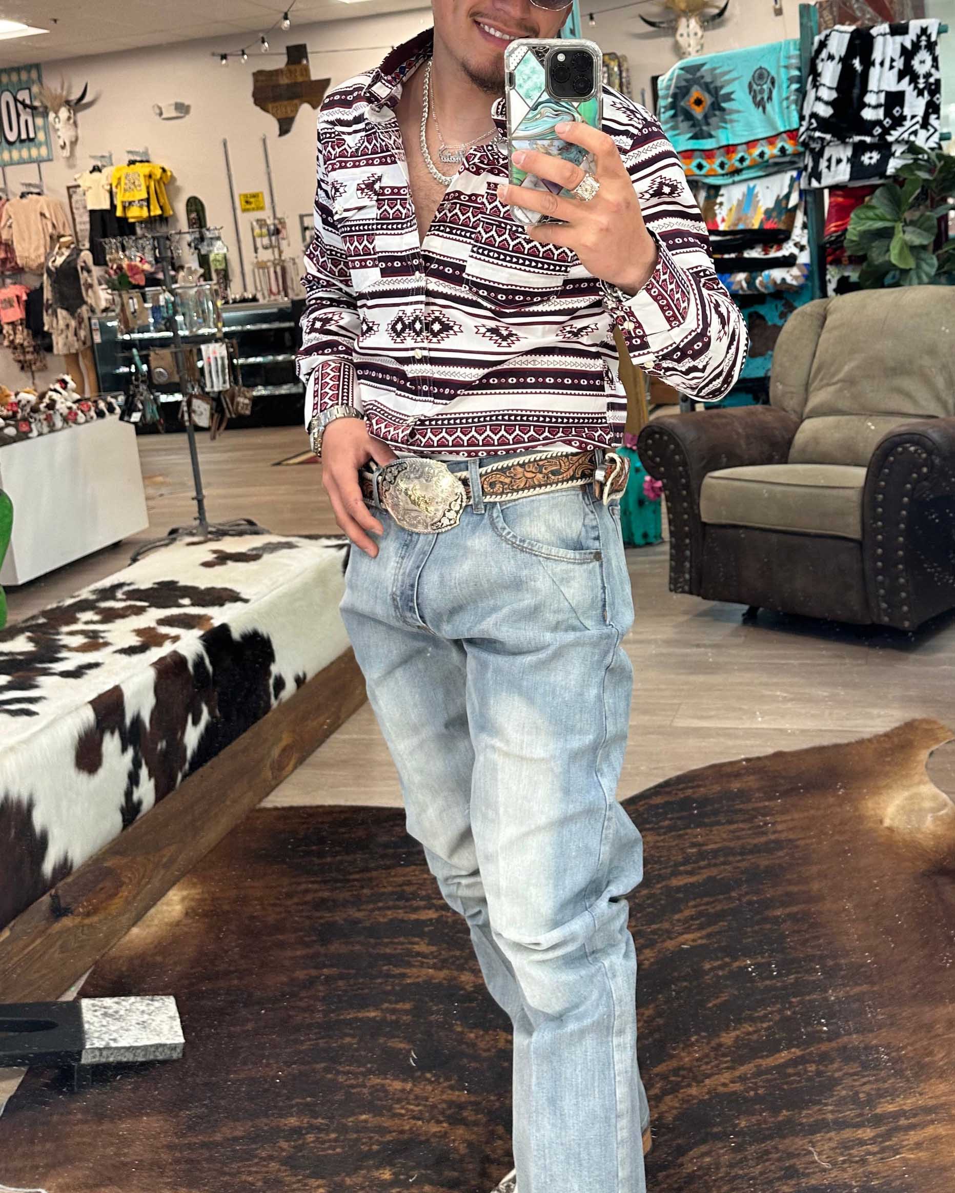 Men's Casual Retro Western Cowboy Stripe Long Sleeve Shirt