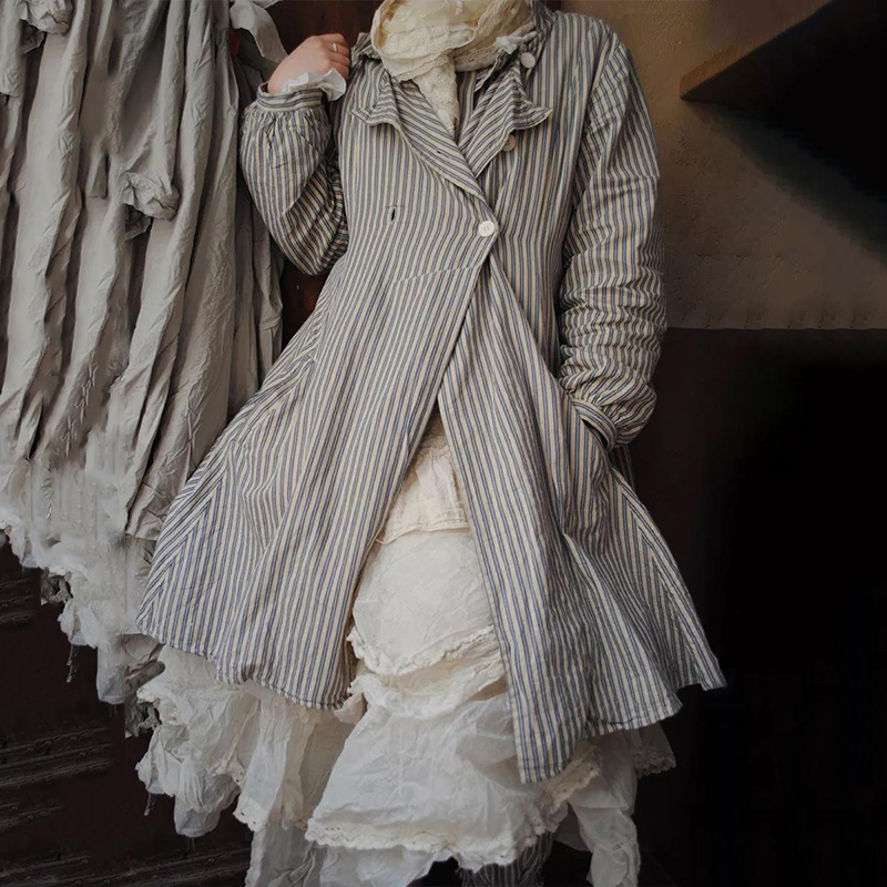 Vintage Striped Fold Over Collar Button Loose Coat