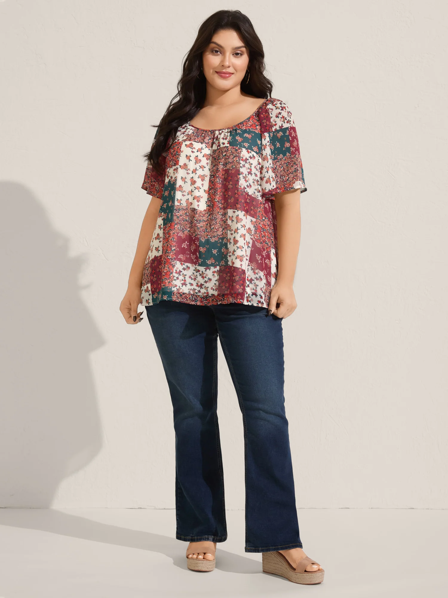 Boho Collage Print Backless Tie Blouse