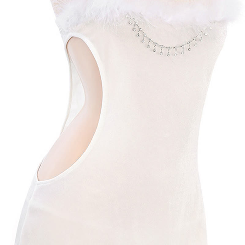 Cosplay Bunny Halter Hollow Out Fuzzy Lingerie Dress