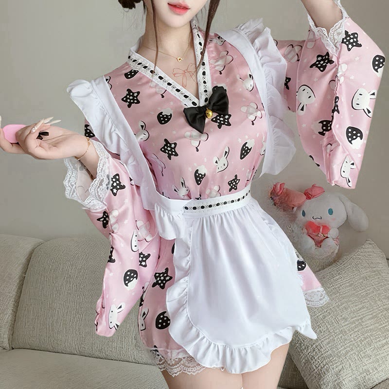 Maid Lace Bow Bunny Print Kimono Lingerie Dress