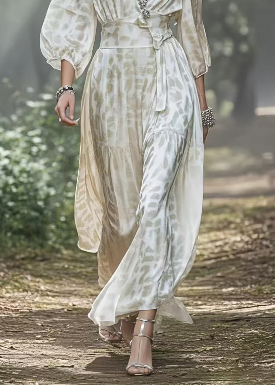 Fashion White V Neck Draping Silk Holiday Dress Lantern Sleeve