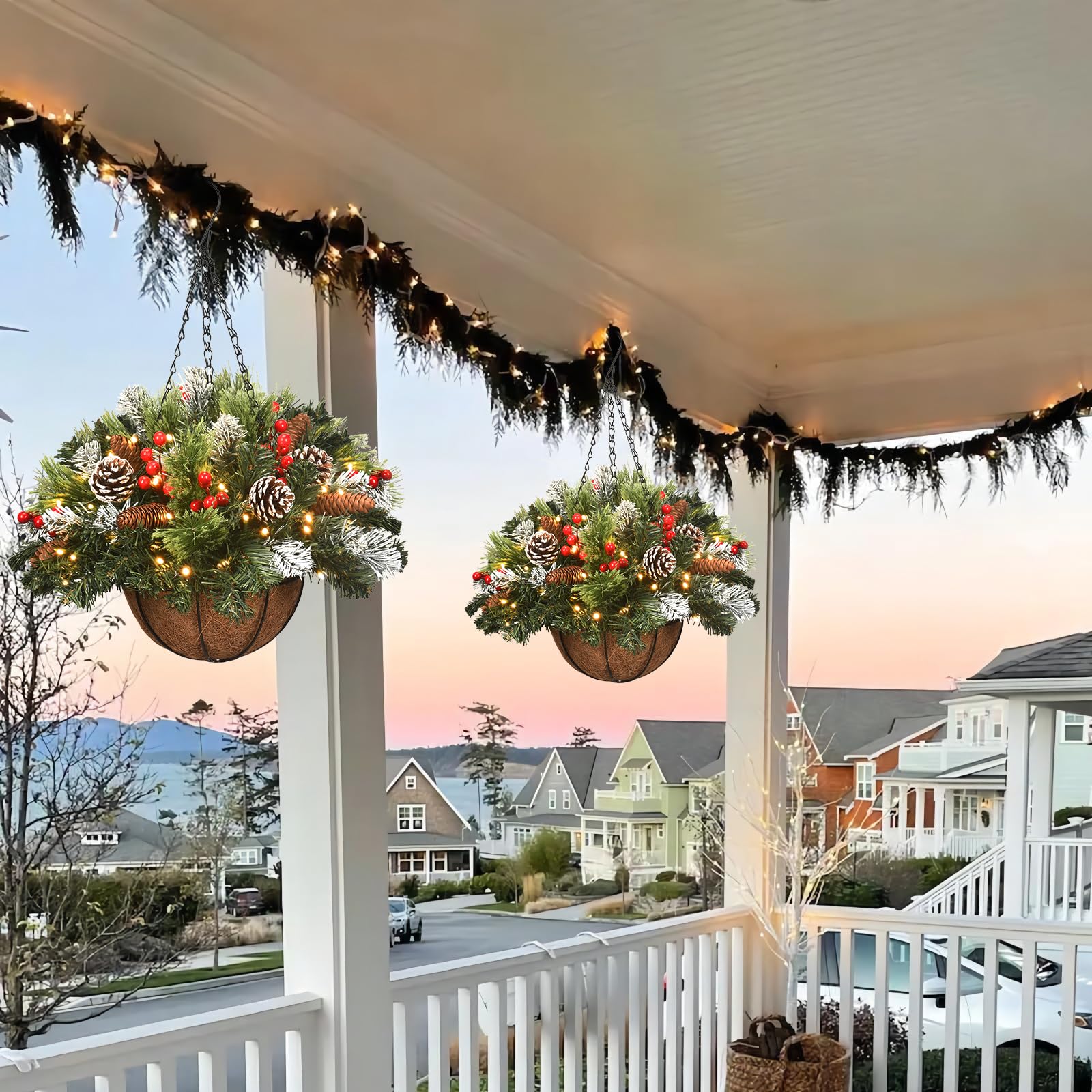 🔥Last Day 50% OFF🔥Pre-lit Artificial Christmas Hanging Basket - Flocked with Mixed Decorations and White LED Lights - Frosted Berry